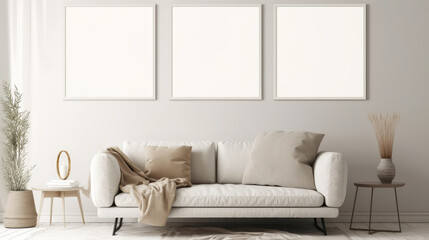 Mockup of a blank picture frame on a white wall. Contemporary living room decor. View of a contemporary room with a sofa in a Scandinavian design. art, painting, photo, poster templates -Generative AI