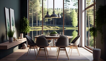 Illustration of a cozy modern minimalist dining room home interior with big windows on the side.