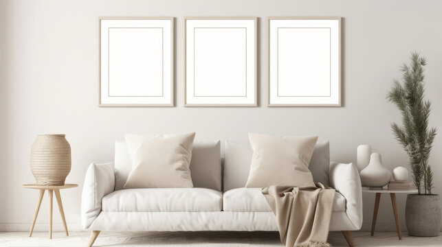 Mockup of a blank picture frame on a white wall. Contemporary living room decor. View of a contemporary room with a sofa in a Scandinavian design. art, painting, poster templates - Generative AI
