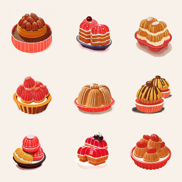 collection of illustrated cakes and sweets, desserts