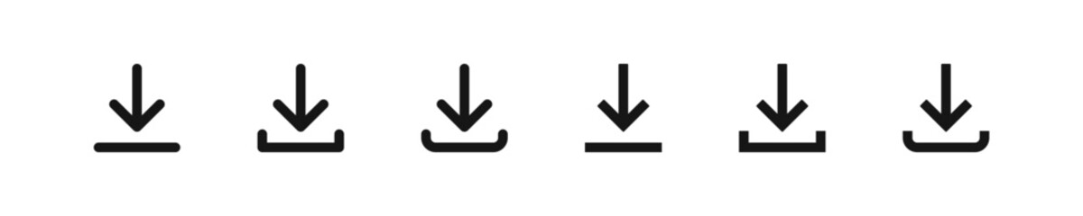 Download icon. Arrow down symbol. Load button signs. Upload symbols. UI save icons. Black color. Vector sign.