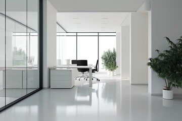 Bright clean modern elegant Office with plants and big glas window front with a elegant atmosphere - Generative AI