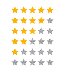 Five star icon. Quality symbol. 5 gold rating signs. Service feedback symbols. Hotel ranking icons. Yellow and gray color. Vector sign.
