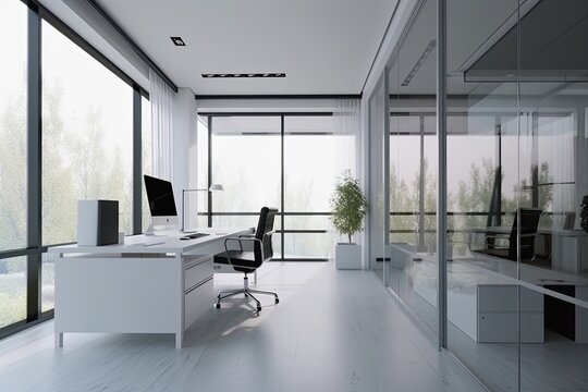 Bright clean modern elegant Office with plants and big glas window front with a elegant atmosphere - Generative AI