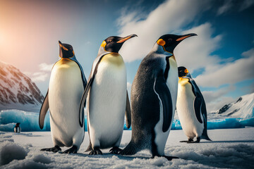 Group of penguins standing next to each other on snow covered ground with blue sky in the background. Generative AI.