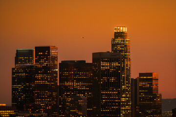 Los Angeles skyline. Downtown LA night Los Angeles sunset skyline California. Downtown Los Angeles...
