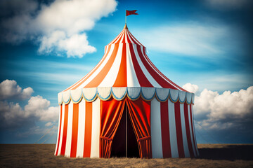 Big red and white circus tent with flag sticking out of it's side. Generative AI.