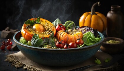 Healthy vegetarian salad with roasted pumpkin, generative ai
