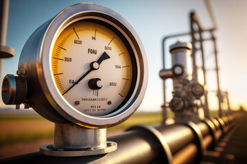 Close up of pressure gauge on pipe with field in the background. Generative AI. - obrazy, fototapety, plakaty