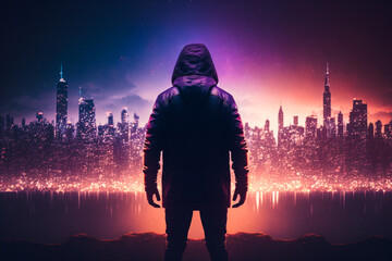 Man in hooded jacket standing in front of cityscape at night. Generative AI.