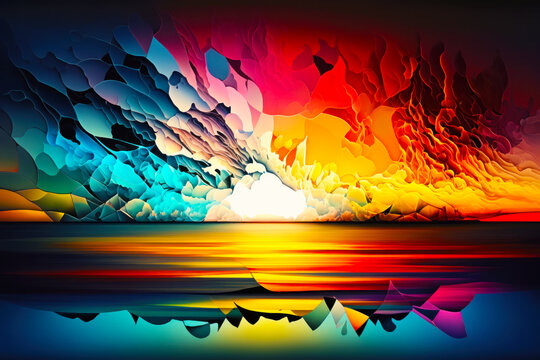 Image of colorful clouds over body of water with sunset in the background. Generative AI.
