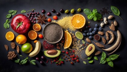 Selection of healthy food on rustic wooden background, generative ai