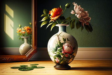 Image of vase with flowers in it and mirror in front of it. Generative AI.