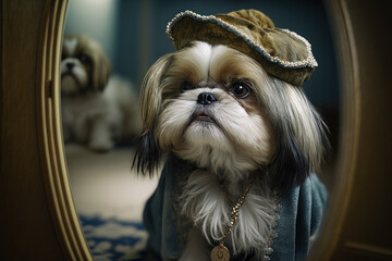 Small dog wearing hat and sitting in front of mirror with reflection of dog in the mirror. Generative AI.