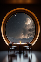Couple of chairs sitting in front of window with view of the moon. Generative AI.