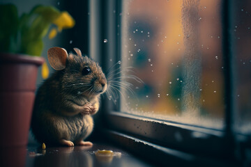 Obraz na płótnie Canvas Small rodent sitting on window sill looking out of rainy window. Generative AI.