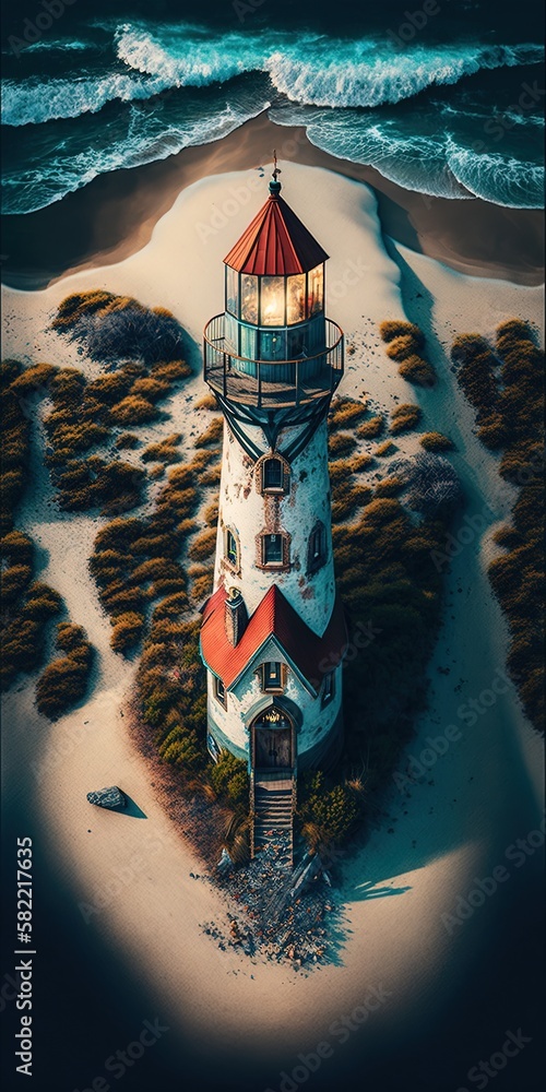 Poster spectacular view of the ocean from a hilltop perched above a lighthouse generative ai