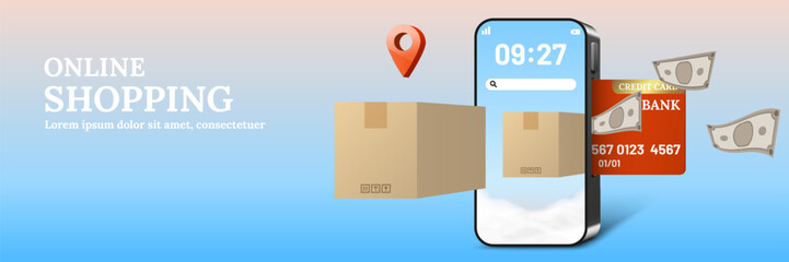 Parcel packaging boxes fly out of cloud on smartphone screen. Credit card inserted in smartphone with banknotes. Online shopping concept 3d vector.
