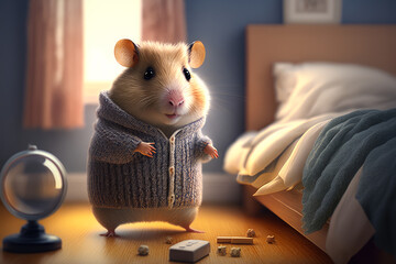 Fototapeta na wymiar Rat in sweater standing in bedroom next to bed and phone. Generative AI.