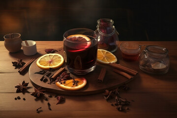 Obraz na płótnie Canvas Mulled wine with spices red wine orange badian wood generative ai