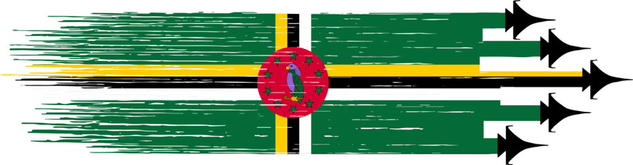 Dominica  flag with military fighter jets isolated   background