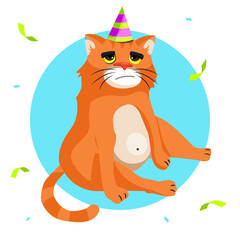 Cartoon funny red cat. Sad fat cat. Cat's birthday. Birthday gift card with cat