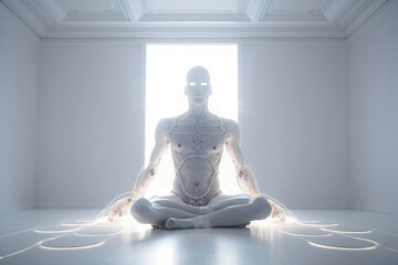 meditating cyborg in lotus position. generative AI