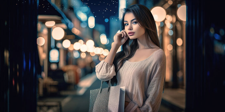 Portrait of a girl with a shopping bag on the street. generative AI	
