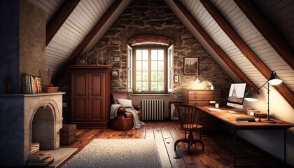 Fototapeta na wymiar attic room idea with antique and stone effect