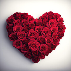 Heart shaped arrangement of red roses on white background. Generative AI.