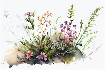 Watercolor Illustration of a Wildflowers In Spring. Generative AI