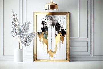 Watercolor Illustration of a Vertical Gold Frame In Modern Interior Mockup With. Generative AI