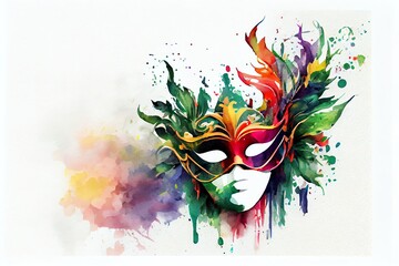 Watercolor Illustration of a Venetian Mask Carnival Colorful Splash Art Masquerade Mardi Gars Banner Copy Space On White Illustration. Generative AI