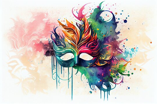 Watercolor Illustration of a Venetian Mask Carnival Colorful Splash Art Masquerade Mardi Gars Banner Copy Space On White Illustration. Generative AI