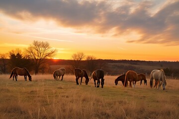Naklejka na ściany i meble Horses Grazing Peacefully in a Meadow During a Serene Sunset, Exuding Tranquility and Beauty