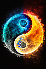 The yin and yang symbol in fire and blue. Generative AI. - obrazy, fototapety, plakaty