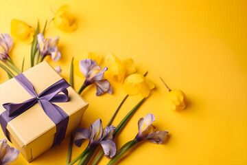 Irises flowers on bright yellow spring background, Mother day, Easter concept, festive background...
