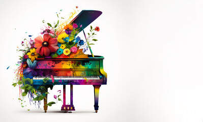 Colorful piano with flowers on it. Generative AI. - obrazy, fototapety, plakaty