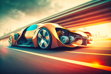 Fototapeta na wymiar A futuristic car speeds down a highway with innovative technology