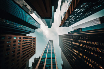Looking up at skyscrapers from low angle. Generative AI.