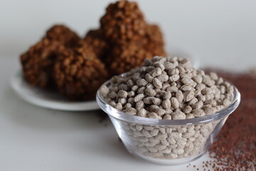 Puffed and roasted finger millet in a bowl.