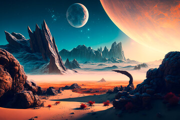 An alien landscape with mountains and rocks. Generative AI.