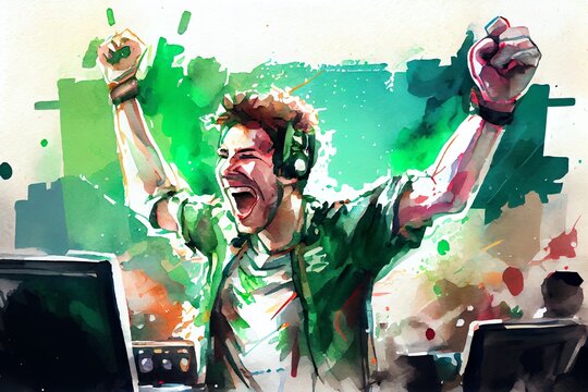 Watercolor Illustration of a Professional Esports Gamer Rejoices In The Victory And Green Game Room Background. Generative AI
