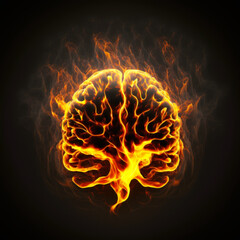 Human brain in flames on black background. Generative AI.