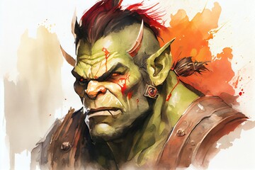 Watercolor Illustration of a Orc Character Portrait, Rpg, Fantasy Avatar And Token. Generative AI