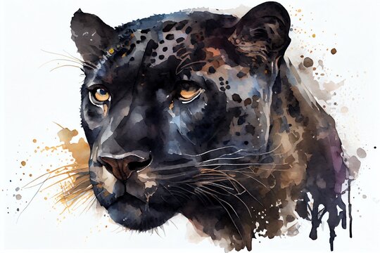 Watercolor Illustration of a Panther Head , Animal, Illustration Isolated On White Background. Generative AI