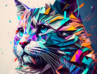 An abstract image of cat with colorful geometric shapes. Generative AI.