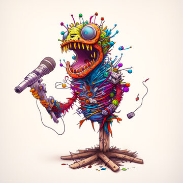 An image of colorful monster holding microphone. Generative AI.