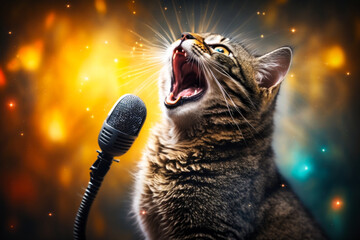 Cat with its mouth open singing into microphone. Generative AI.