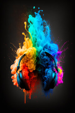 Headphones with colorful paint splashes on black background. Generative AI.